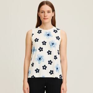 Marimekko x Uniqlo Sleeveless Top Large White Blue Floral Print Tank Blouse